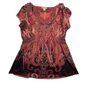 Y2K Energe Floral Top Size L Burgundy Paisley Rhinestone Whimsigoth Polyester